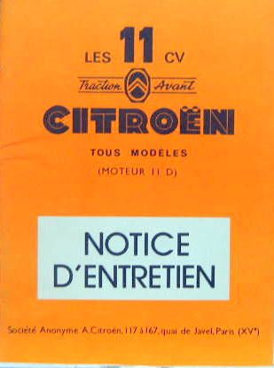 Couverture de 1956 TRACTION 11D LIVRET D'ENTRETIEN