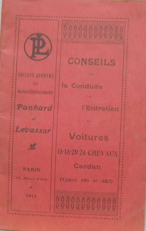 Couverture de PANHARD 1913 15-18-20-24 CV TYPE JBI-JB2 A CARDAN LIVRET D'ENTRETIEN