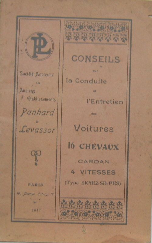 Couverture de PANHARD 1917 16 CV 4 VITESSES TYPE SK4E2-SB-PES CARDAN LIVRET D'ENTRETIEN