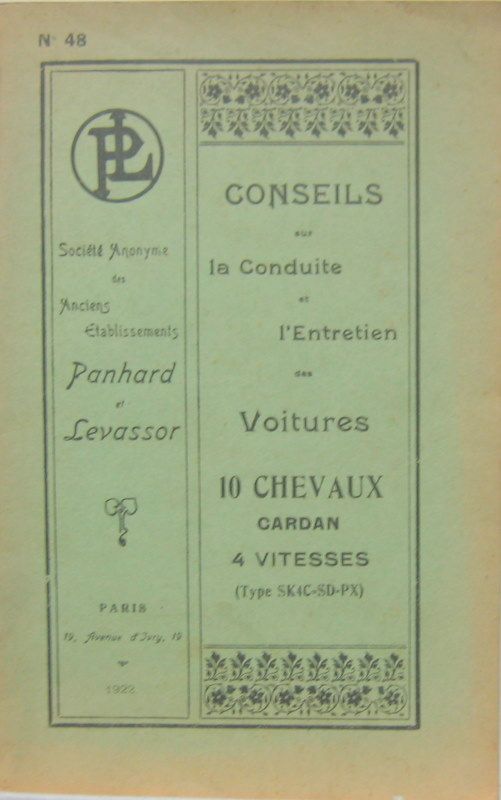 Couverture de PANHARD 1922 10 CV  4 VITESSES TYPE SK4C-SD-PX CARDAN LIVRET D'ENTRETIEN