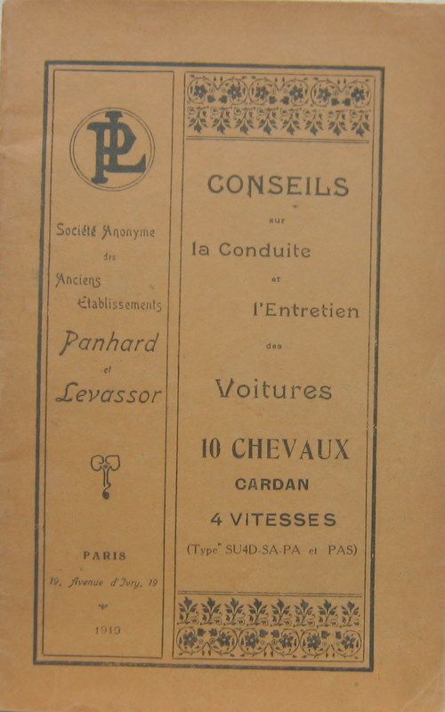 Couverture de PANHARD 1919 10 CV  4 VITESSES TYPE SU4D-SA-PA-PAS CARDAN LIVRET D'ENTRETIEN