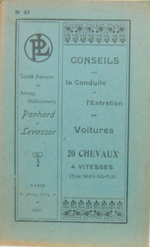 Couverture de PANHARD 1922 20 CV  4 VITESSES TYPE SK4F2-SC2-PCS  LIVRET D'ENTRETIEN