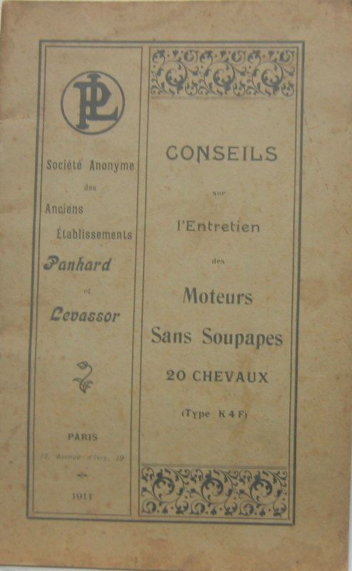 Couverture de PANHARD 1911 20 CV TYPE K4F
 LIVRET D'ENTRETIEN