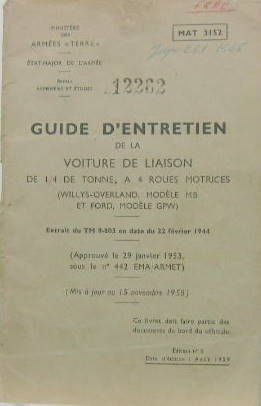 Couverture de GUIDE D' D'ENTRETIEN  POUR JEEP WILLIS ET FORD GPW ET MB 1944-EDITION 1959