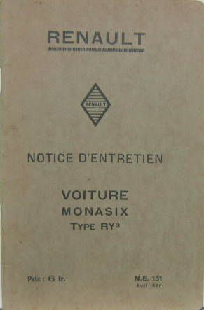 Couverture de RENAULT MONASIX RY3 DU 4-1931
LIVRET D'ENTRETIEN