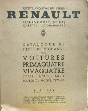 Couverture de 1939  RENAULT NOVAQUATRE VIVAQUATRE PRIMAQUATRE  VIVAQUATRE  CATALOGUE DE PIÈCES
