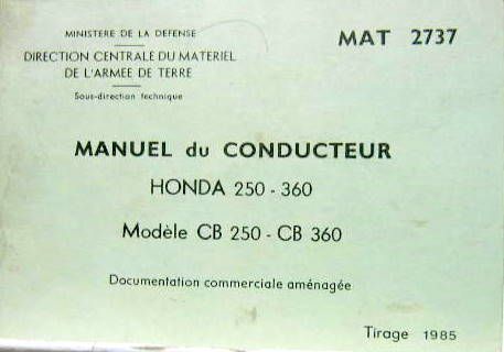 Couverture de 1985 HONDA CB 250 CB 360 LIVRET D'ENTRETIEN DE L'ARMEE
