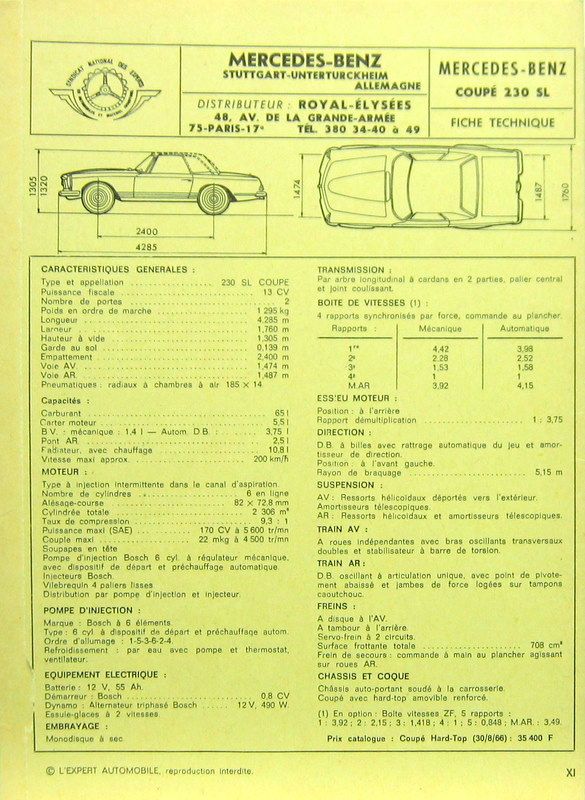 Couverture de MERCEDES 230 SL FICHE TECNIQUE AVEC TEMPS DE REPARATION