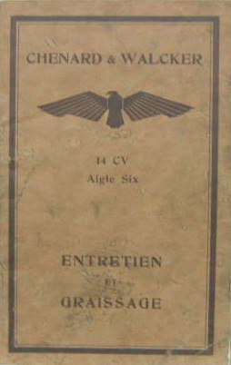 Couverture de CHENARD ET WALCKER 14 CV AIGLE SIX  LIVRET D'ENTRETIEN