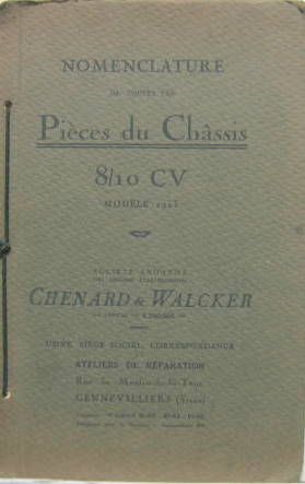 Couverture de 1923 CHENARD ET WALKER 8-10 CV CATALOGUE DE PIECES
