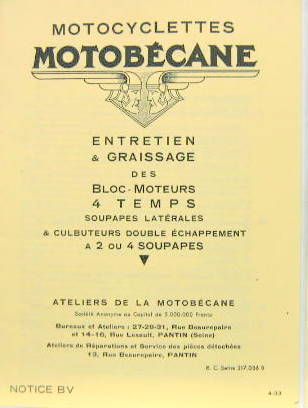 Couverture de 1933 MOTOBECANE 4 TEMPS LATERALES ET CULBUTEURS 2 OU 4 SOUPAPES LIVRET D'ENTRETIEN B5