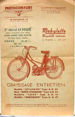 Couverture de 1955 MOBYLETTE AU32-AU33-AU31-AU37 LIVRET D'ENTRETIEN