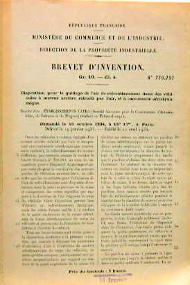 Couverture de 1934 TATRA BREVET POUR LE GUIDAGE DE L'AIR DE REFROIDISSEMENT