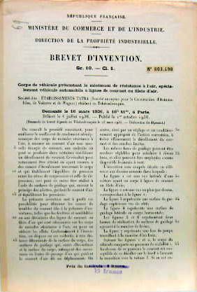Couverture de 1936 TATRA BREVET SUR LE MINIMUM  DE RESISTANCE DE L'AIR AVEC FILETS D'AIR