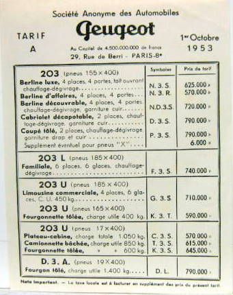 Couverture de 1953 PEUGEOT 203 TARIF