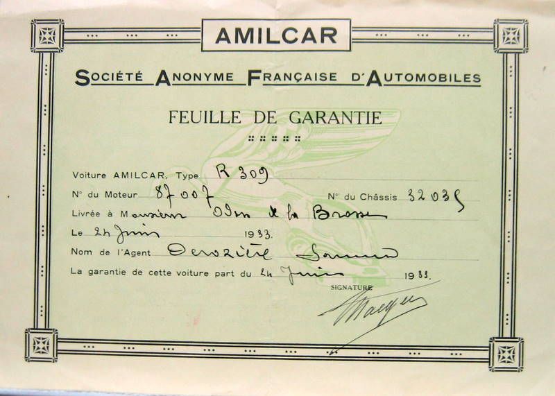 Couverture de 1933 AMILCAR FEUILLE DE GARANTIE