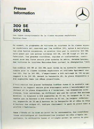 Couverture de 1965 MERCEDES 300 SE SEL  PRESSE INFORMATION