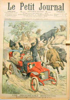 Couverture de 1905 UNE DESAGREABLE RENCONTRE LA VOITURE DU MARQUIS DE SAN GINES POURSUIVIE PAR DES TAUREAUX ENTRE MADRID ET LA GRANJA