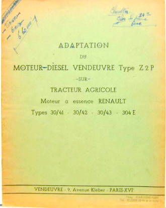 Couverture de TRACTEUR RENAULT 30/41 30/42 304E ADAPTATION DU MOTEUR DIESEL VENDEUVRE Z2P