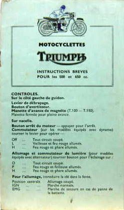 Couverture de 1957 MOTO TRIUMPH INSTRUCTIONS BREVES POUR LES 500 ET 650 CC