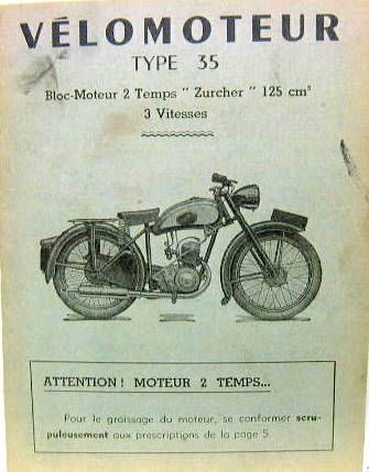 Couverture de 1953 ALCYON VELOMOTEUR TYPE 35 A MOTEUR ZURCHER 125 CM3 LIVRET D'ENTRETIEN