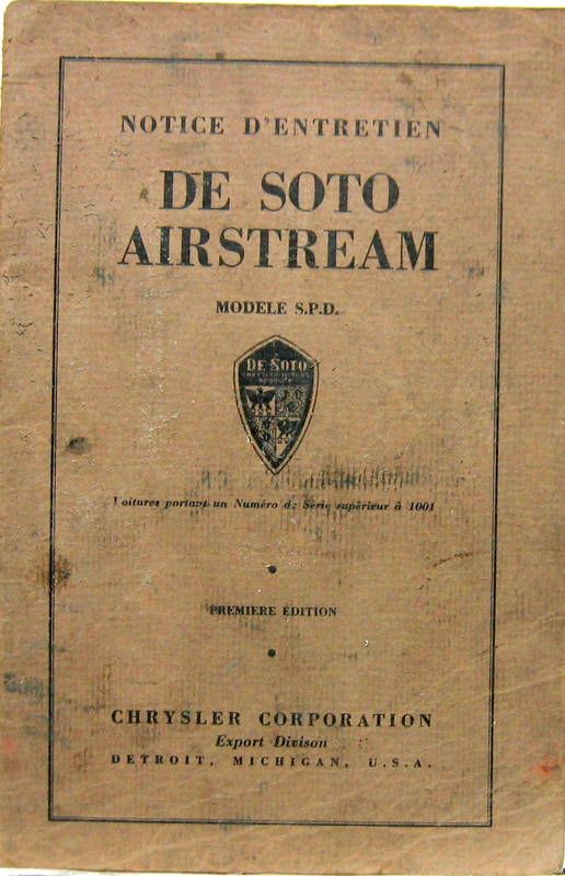 Couverture de DE SOTO AIRSTREAM MODELE SPD N° SUPERIEUR A 1001  LIVRET D'ENTRETIEN