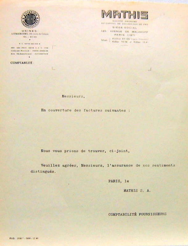 Couverture de 1949 MATHIS LETTRE A ENTETE