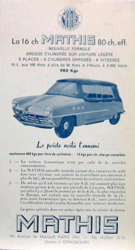 Couverture de 1950 MATHIS 16 CH 6 CYLINDRES