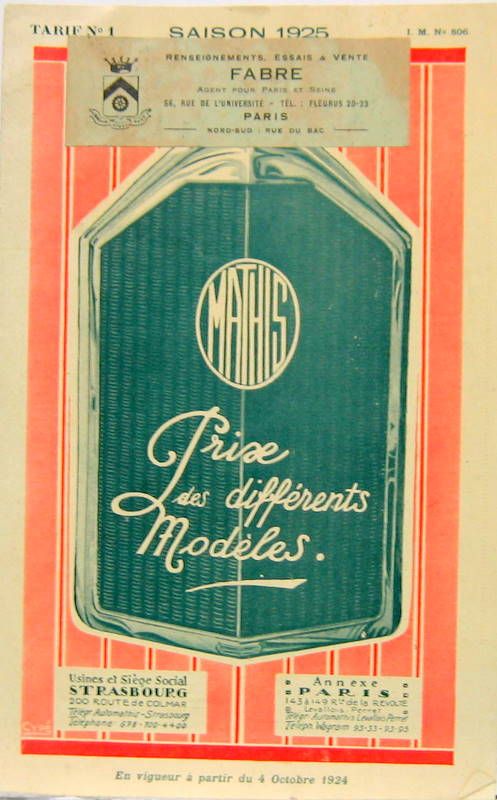 Couverture de 1925  MATHIS GAMME ET UTILITAIRES N°806