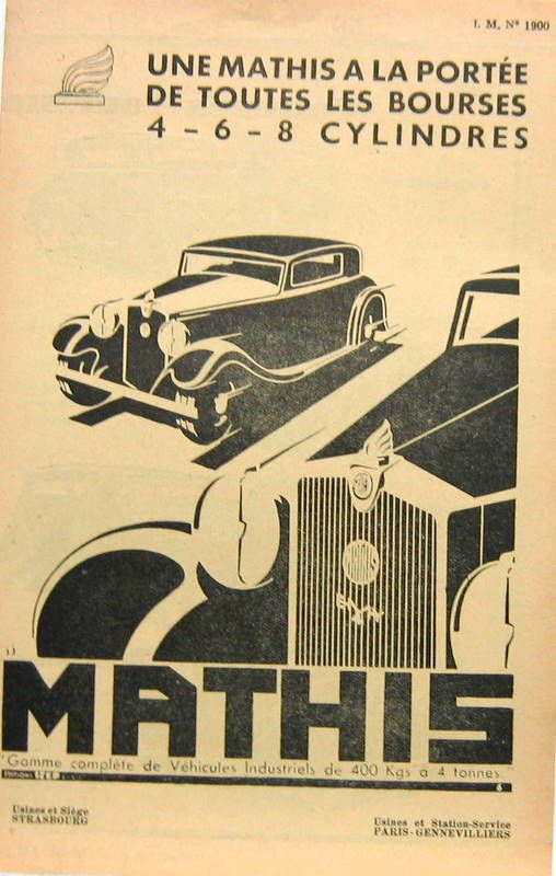 Couverture de 1933  MATHIS GAMME ET UTILITAIRES N°1900
UNE MATHIS A LA PORTEE DE TOUTES LES BOURSES