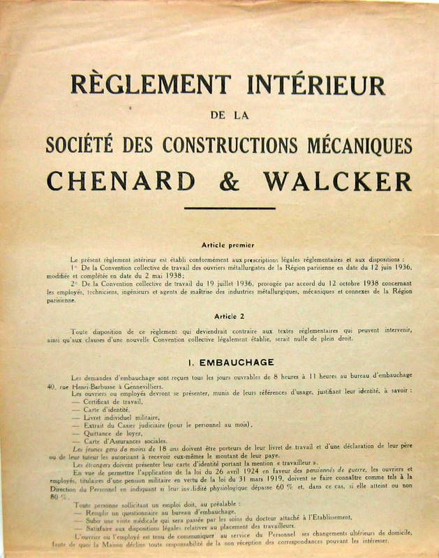 Couverture de 1947 CHENARD ET WALCKER REGLEMENT INTERIEUR REMIS A JOUR EN 1947