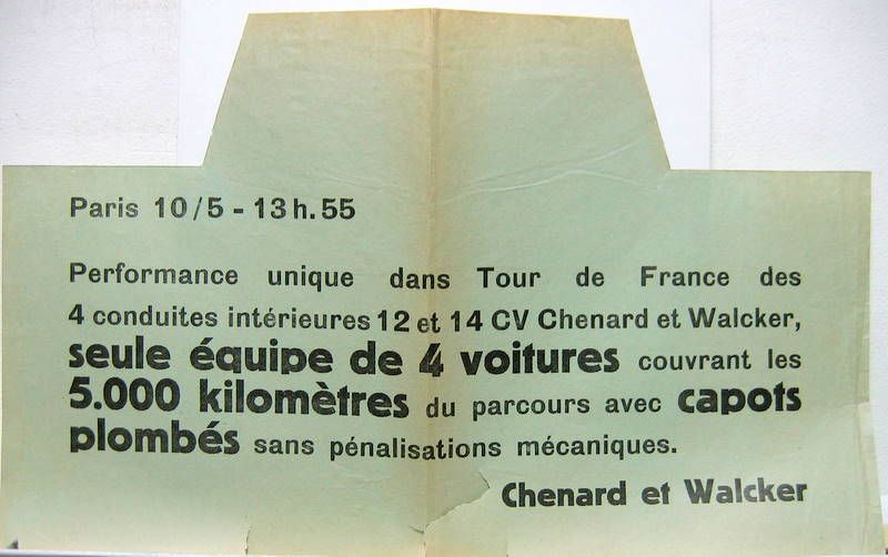 Couverture de 1931 CHENARD ET WALCKER FAUX TELEGRAMME A AFFICHER DES SUCCES AU TOUR DE FRANCE AUTO