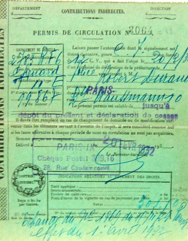Couverture de 1932 CHENARD ET WALCKER PERMIS DE CIRCULER D'UNE T11E