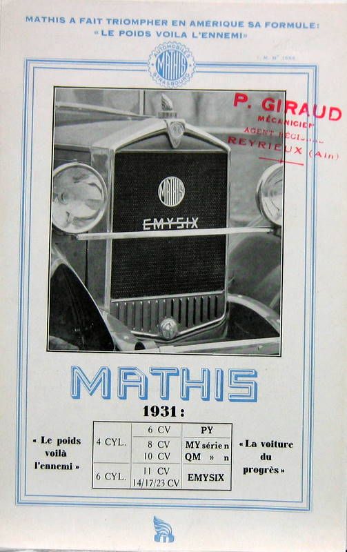 Couverture de 1931  MATHIS GAMME ET UTILITAIRES N°1559