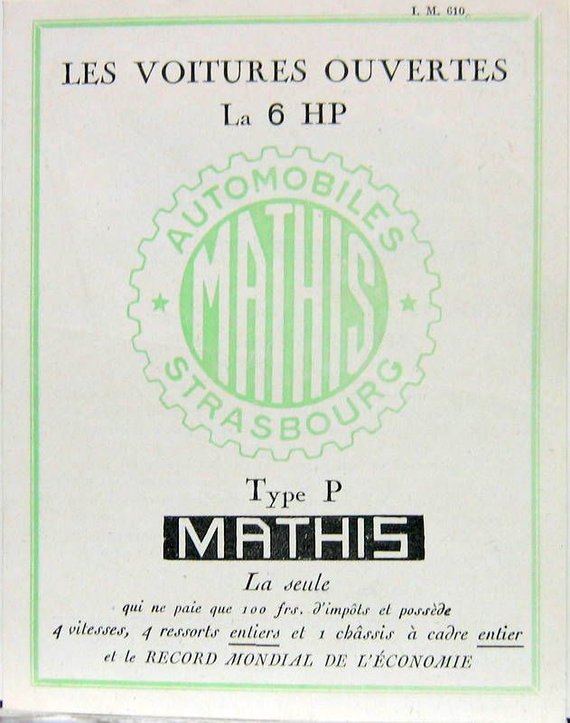 Couverture de 1923 MATHIS 6 HP TYPE P  N°610