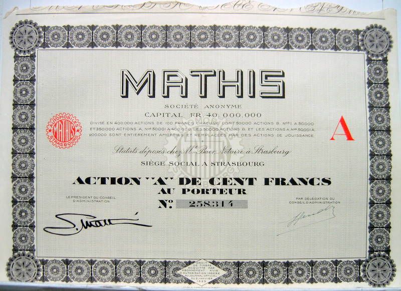 Couverture de MATHIS ACTION A DE 100 FRANCS AU PORTEUR