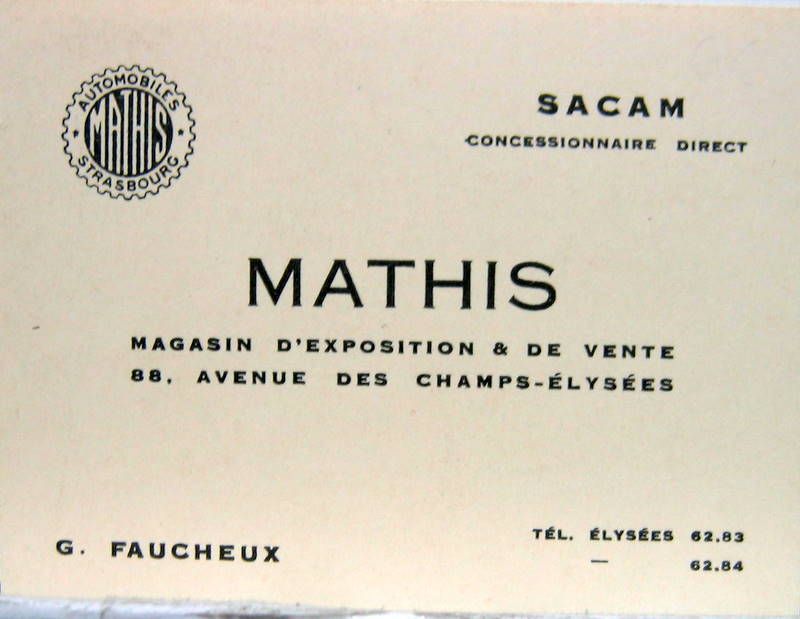 Couverture de MATHIS CARTE DE VISITE 88 AVENUE DES CHAMPS ELYSEES