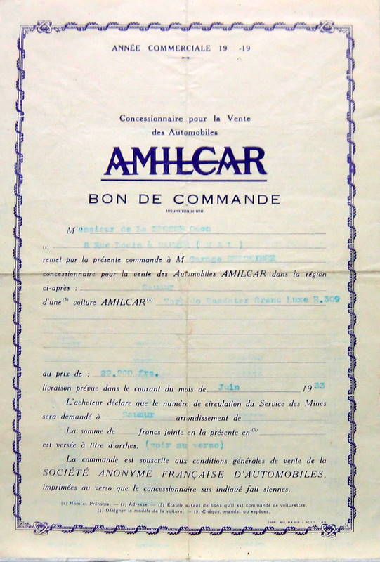 Couverture de 1933 AMILCAR BON DE COMMANDE