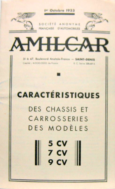 Couverture de 1933 AMILCAR DESCRIPTION ET TARIF EN PHOTOCOPIE