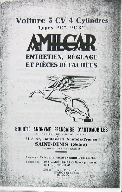 Couverture de AMILCAR 5 CV TYPE C C3 LIVRET D'ENTRETIEN