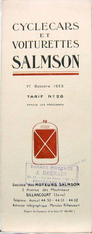 Couverture de 1923 SALMSON CYCLECARS ET VOITURETTES DEPLIANT
