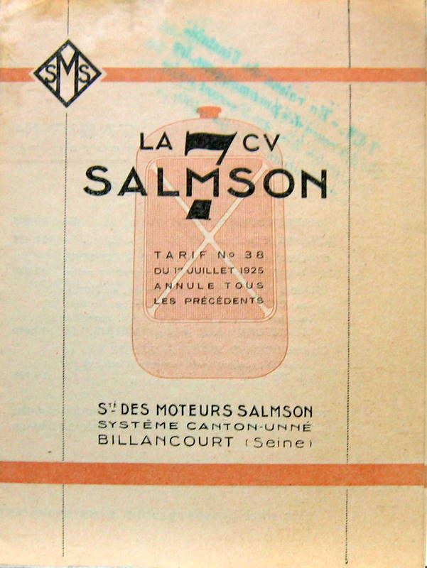 Couverture de 1925 SALMSON 7 cv TARIF
