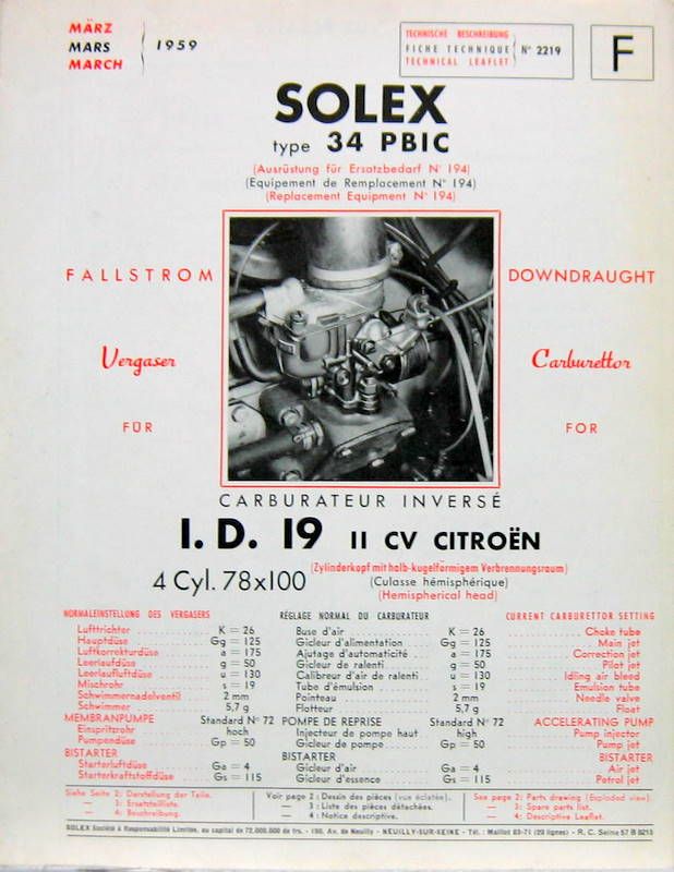 Couverture de 1959 CITROEN ID  19 CARBURATEUR SOLEX  34 PBIC CATALOGUE