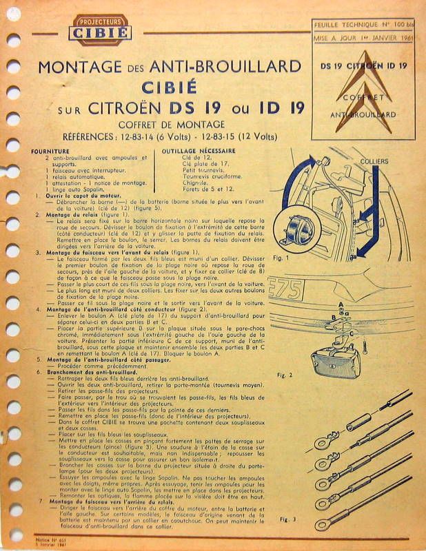 Couverture de 1961 CITROEN ID DS 19 NOTICE DES ANTIBROUILLARDS CIBIE