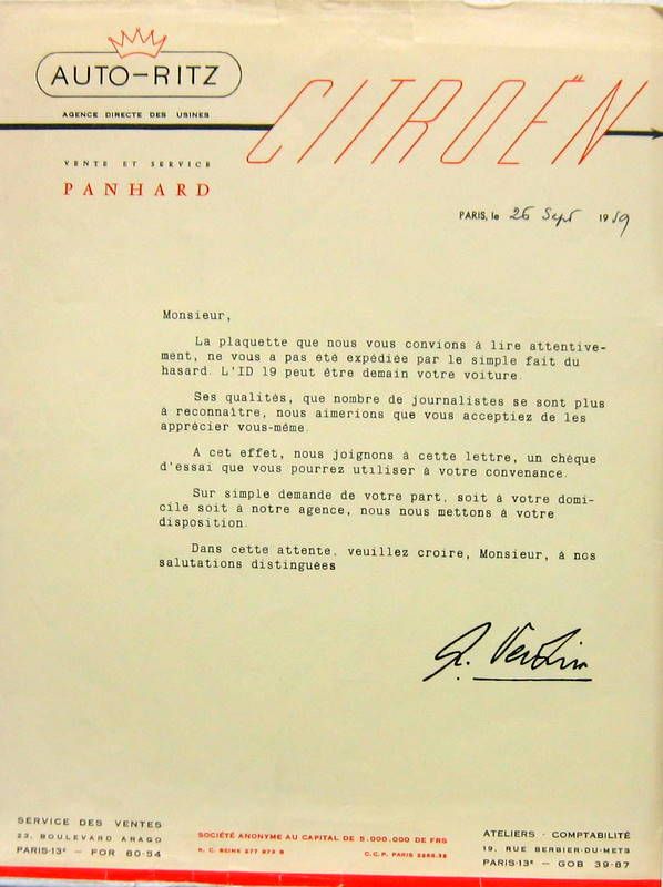 Couverture de 1959 CITROEN ID 19 LETTRE A ENTETE AUTO RITZ