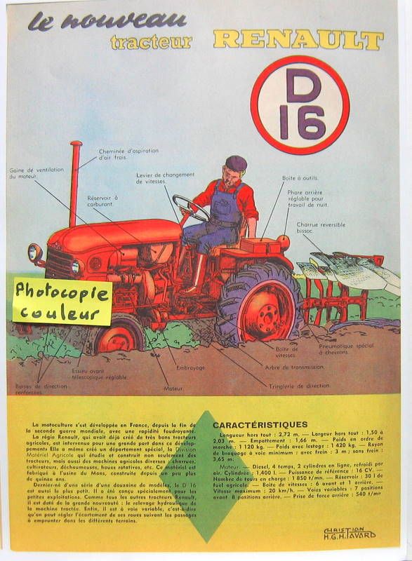 Couverture de TRACTEUR RENAULT D 16 ARTICLE DE REVUE D'EPOQUE