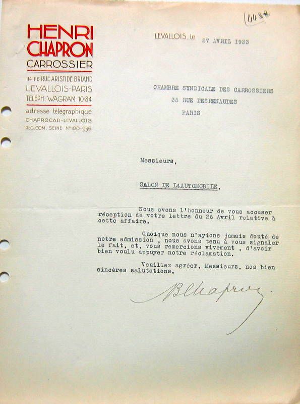 Couverture de CARROSSERIE CHAPRON  LETTRE A ENTETE SIGNEE 1933
