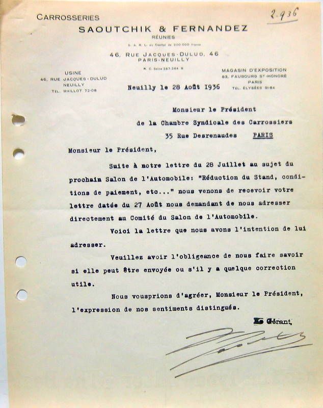 Couverture de CARROSSERIE SAOUTCHIK ET FERNANDEZ LETTRE A ENTETE 1936