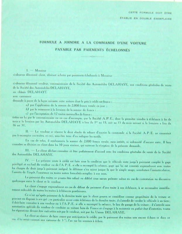 Couverture de DELAHAYE COMMANDE D'UNE VOITURE PAR PAIEMENTS ECHELONNES