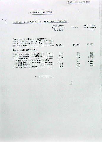 Couverture de 1974 ALPINE RENAULT TARIF EN PHOTOCOPIE